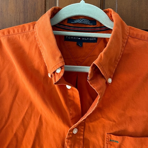 Tommy Hilfiger Orange Button Down Shirt L Crest Logo Long Sleeve 100% Cotton - Picture 3 of 8